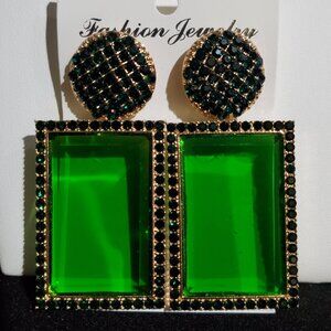 NWT - Green Rhinestone Fashion Statement Earrings